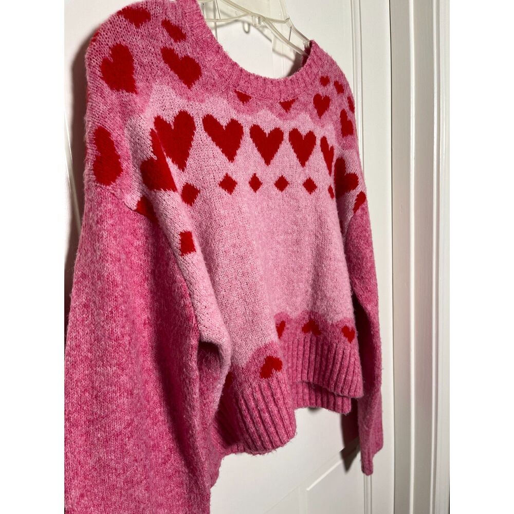 Jessica Simpson Heart Sweater L Pink Red Cropped Y2K Inspired Balloon Sleeve - Picture 3 of 8